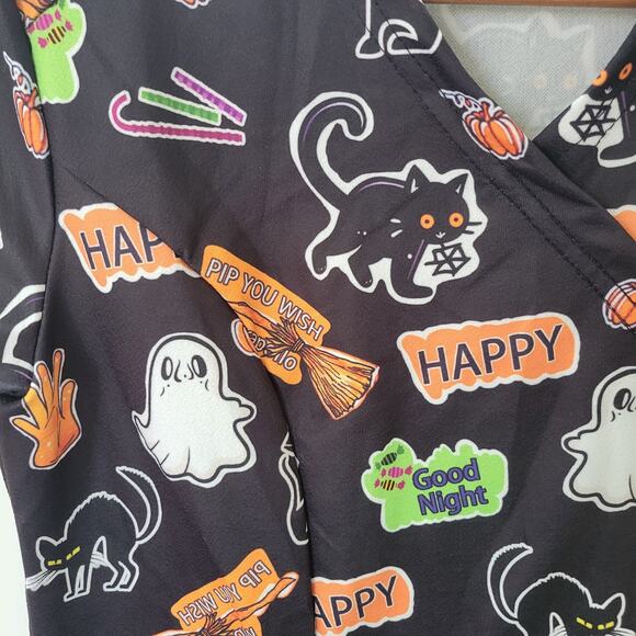 Cute Halloween Medical Scrub Top **Measure M/L** Candy Ghost Pumpkin Cat Cotton - Picture 5 of 9
